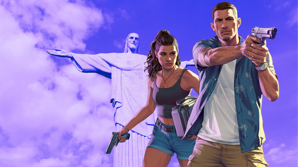 The duo of protagonists from Grand Theft Auto VI, a man and a woman, hold guns on the foreground; the background's been replaced by a photo of the Christ the Redeemer statue from Rio de Janeiro, Brazil.