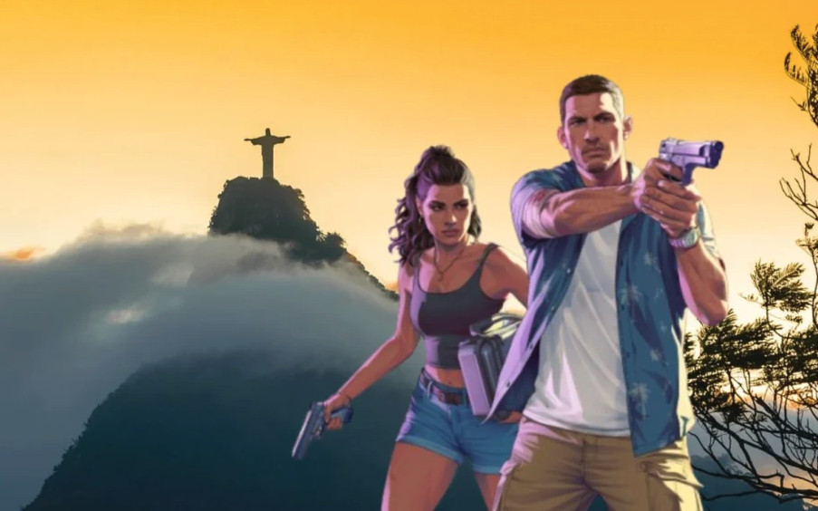 The duo of protagonists from Grand Theft Auto VI, a man and a woman, hold guns on the foreground; the background's been replaced by a photo of the Christ the Redeemer statue from Rio de Janeiro, Brazil.